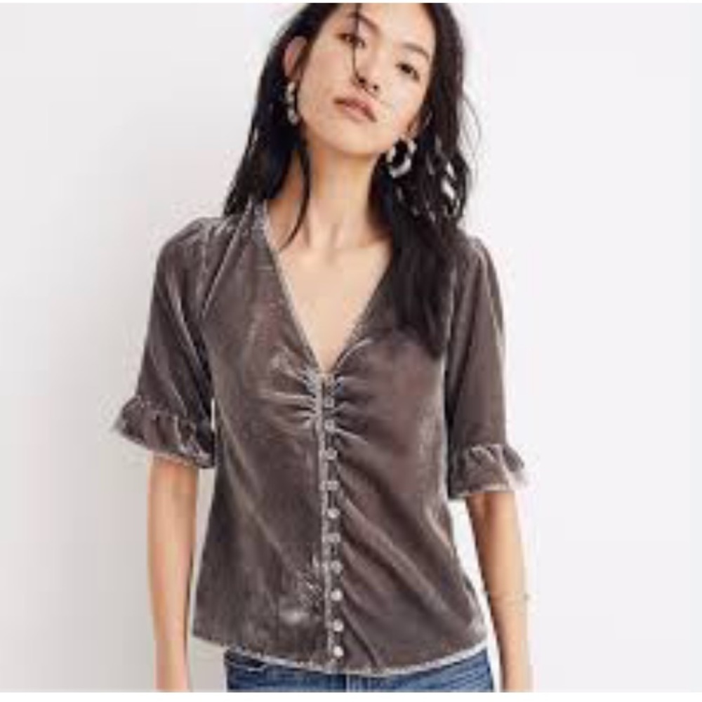 Madewell Daylight Velvet Top Womens Size 2 Gray Button Cinch Front Side Zip